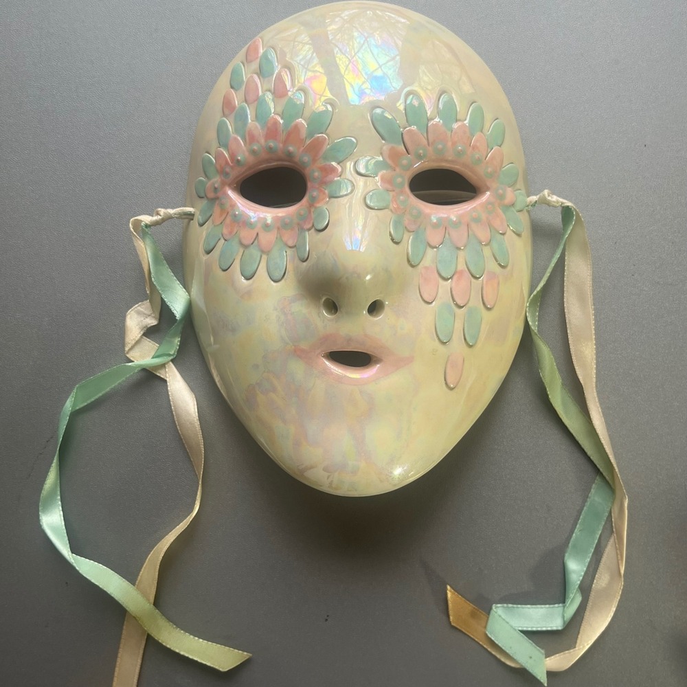 Vintage 1983 Dar New Orleans Handcrafted Ceramic Iridescent Pastel Floral Mask